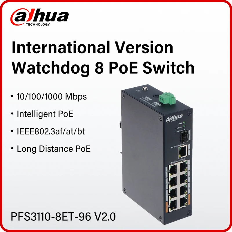 Dahua Original 8 Port PoE Switch Watchdog POE Power Supply 10/100/1000 Mbps Unmanaged Switch IEEE802.3af/3at/3bt PFS3110-8ET-96