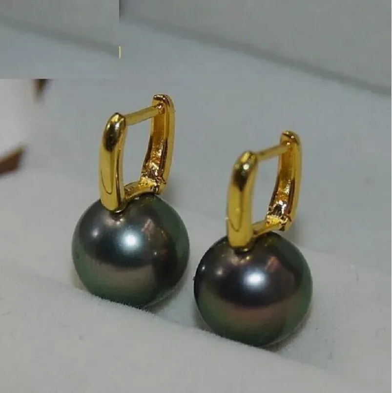 

Gorgeous AAAAA 9-10mm Round South Sea Black Green Pearl Earrings 925s