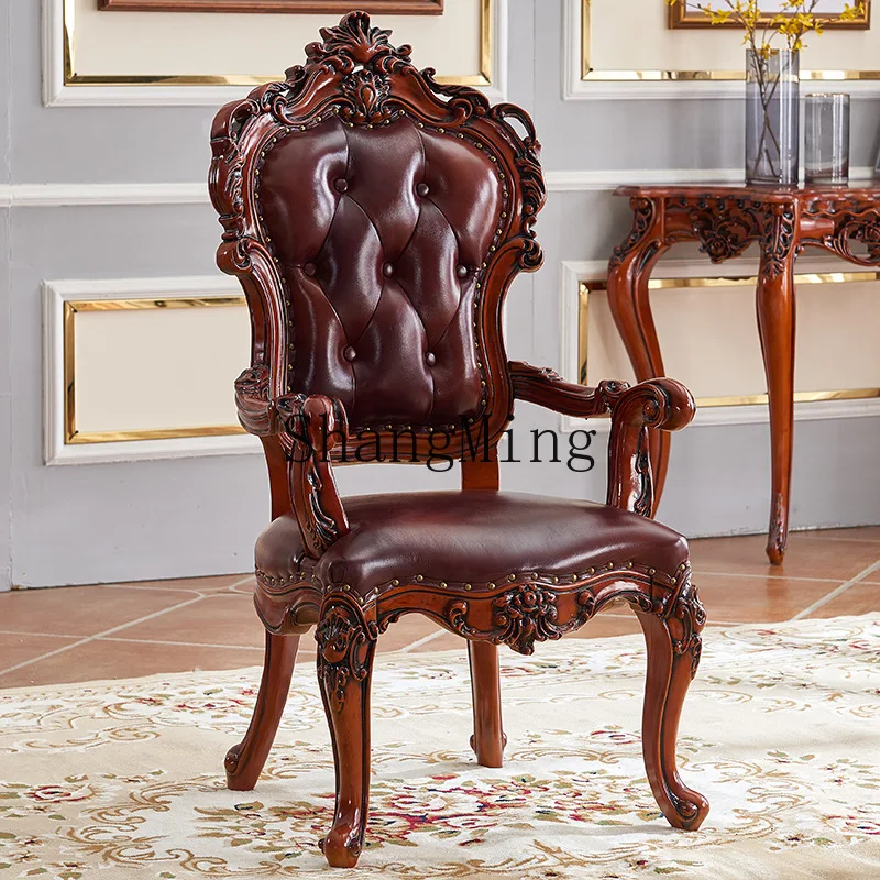 

CL Solid Wood Genuine Leather Carved Armrest Soft Cushion Rubber Wood Vintage Chair Hotel Leisure Meeting Study Dining Chair