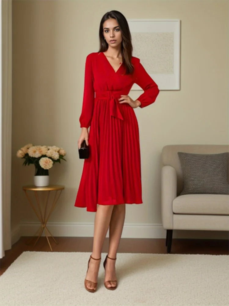 European and American Plus Size Sexy V-Neck Pleated Party Dress Women Elegant with Belt Long Sleeve Robe Femme Red Maxi Vestido