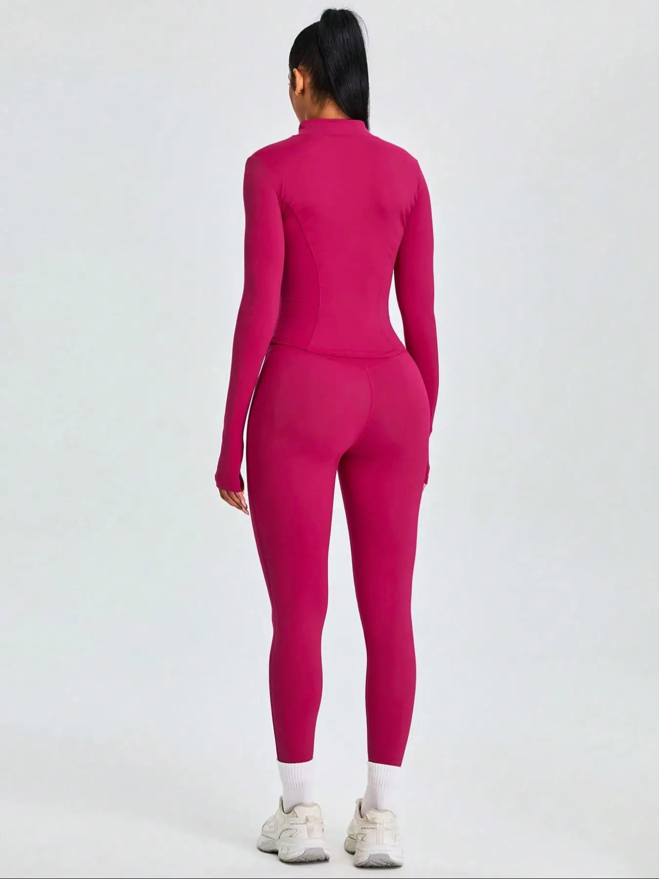 Fitfemme Two-piece Set Women's Solid Zip UpMock Neck Sports Jacket & HighWaist Leggings Set, SportyBreathable Quick Drying image 3