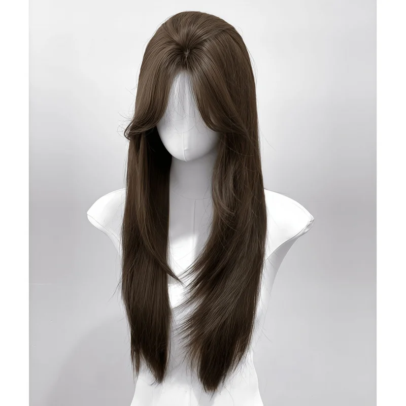 

's long straight black with a middle parting and a specific style, full head wig for women
