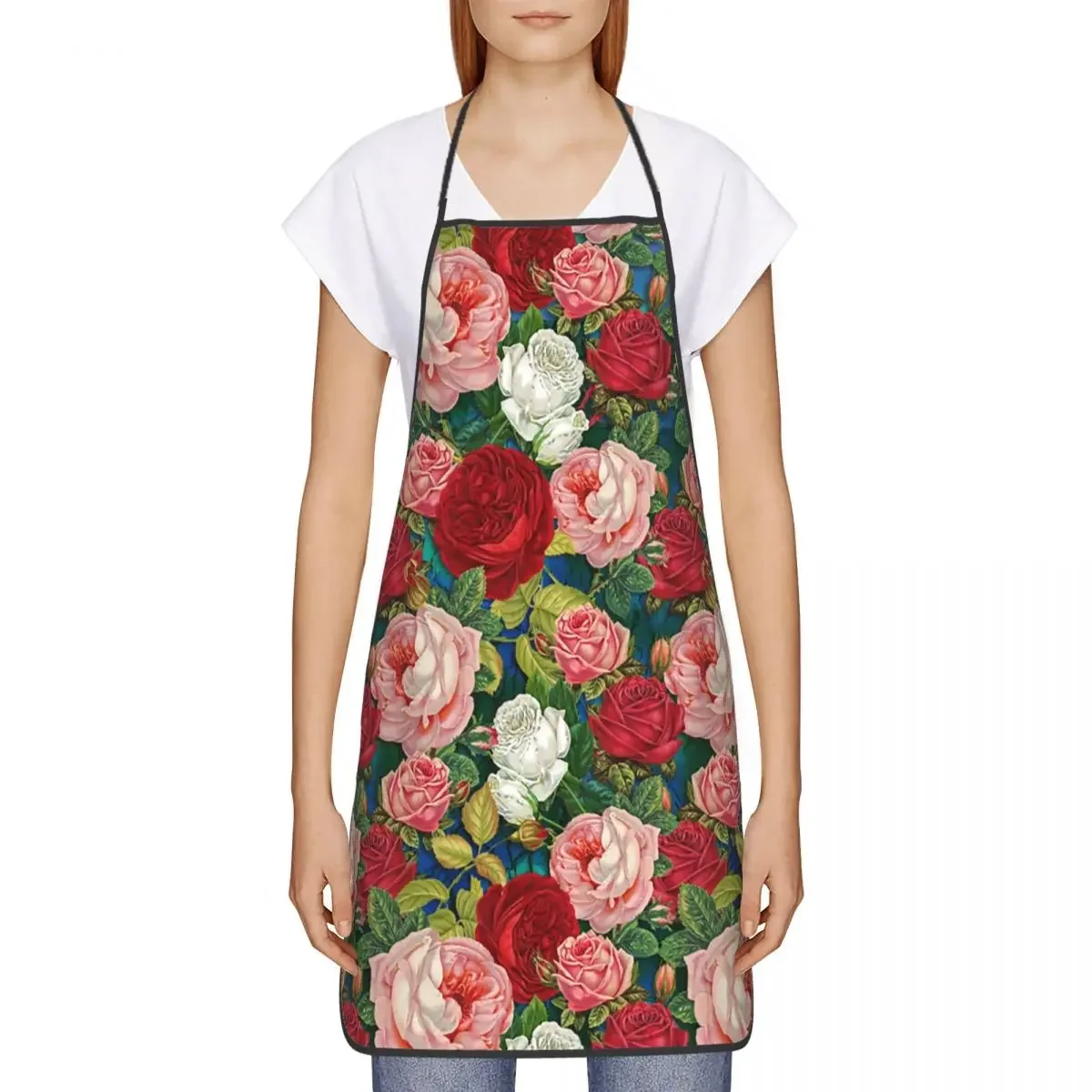 Unisex Flower Rose Pattern Bib Apron Adult Women Men Chef Tablier Cuisine for Cooking Kitchen Floral Baking