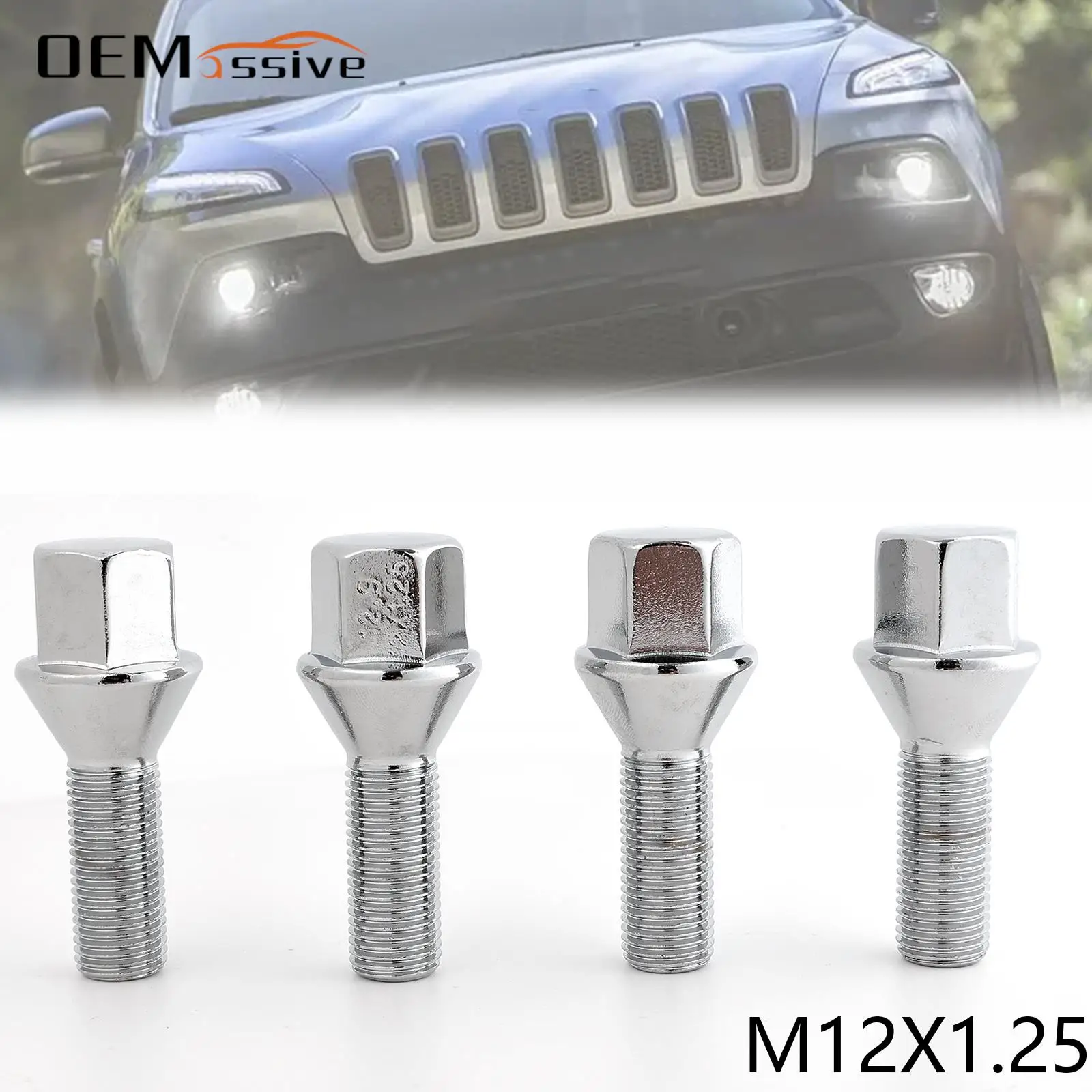 4 For Chrysler 200 2015-2019 Jeep Renegade Cherokee Dodge Dart 2012-2016 Car M12 × 1.25 Wheel Lug Bolts 28mm Silver Carbon Steel