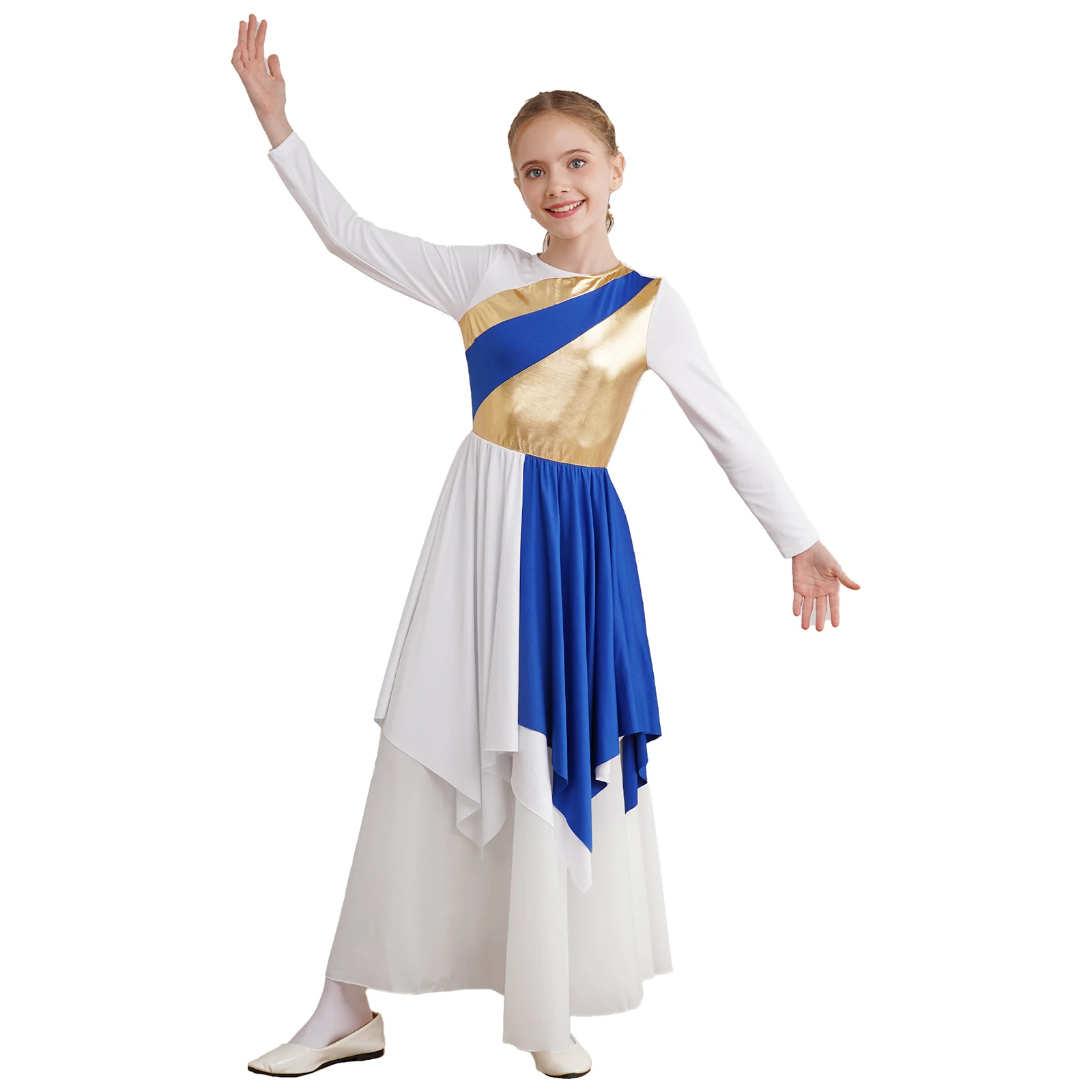 Kids Girls Ballet Lyrical Church Robe Tunic Dress Long Sleeve Praise Dance Dress Metallic Liturgical Worship Dance Costumes