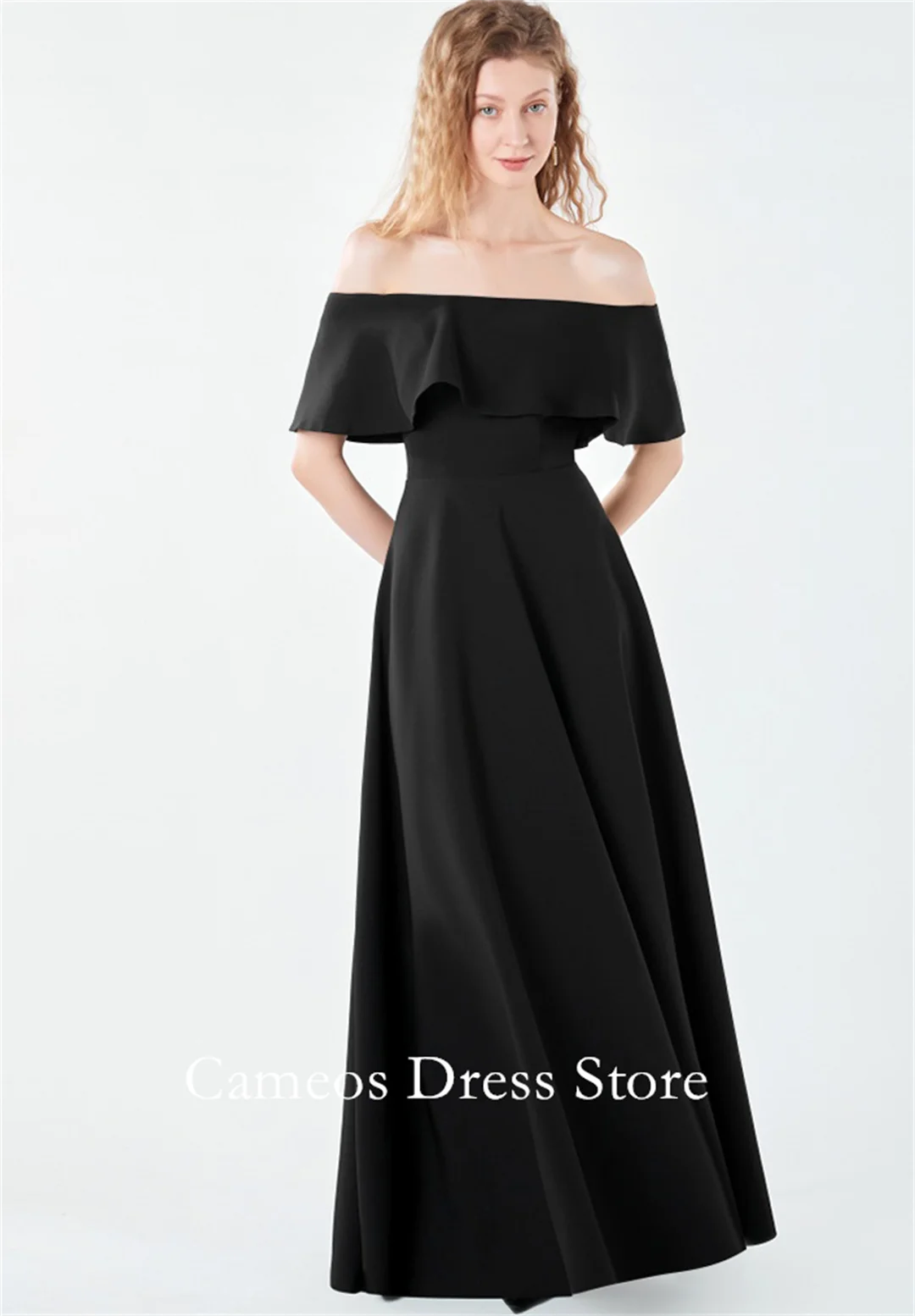

SONDR Korea Ruffles Off Shoulder Black Evening Dress Customized Formal Prom Dress Satin 웨딩드레스 Occasion Party Evening Gown