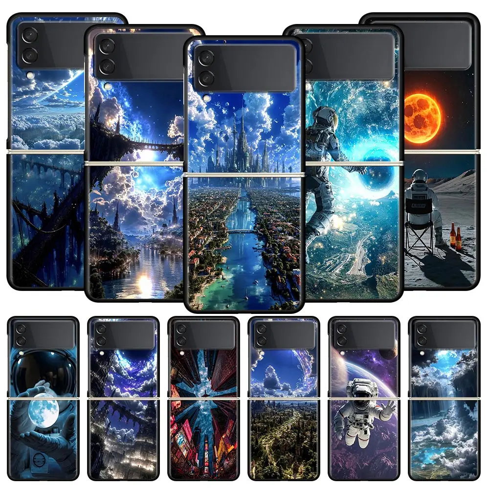 Phone Case for Samsung Galaxy Z Flip 3 4 5 6 7 Folding For Samsung Z Flip4 PC Hard Cover Starry Sky Universe Fashion Wallpaper