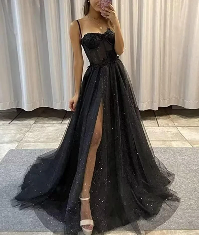 Customized High End French Sexy Tulle Prom Dresses For Teens Sexy Split Spaghetti Straps Exquisite Flower Design Evening Gowns F