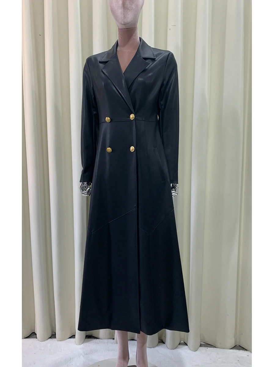 

Осеннее длинное красно-черное пальто из искусственной кожи для женщин, двубортное элегантное роскошное шикарное пальто больших размеров, пальто из искусственной кожи 2025