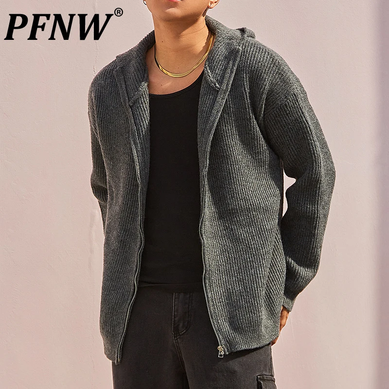 

PFNW American Style Men's Cardigan Hooded Zipper Knitting Sweater Jacket Thickening Loose Vintage Coats Autumn New 12C493