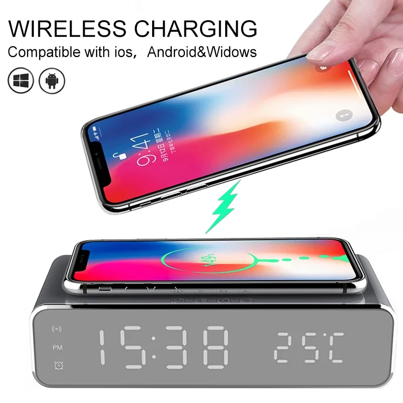 1pc Wireless Charger Alarm Clock LED Digital Watch Table Thermometer Electronic Desktop Clocks Wake Up FM Radio Time Fast Charge