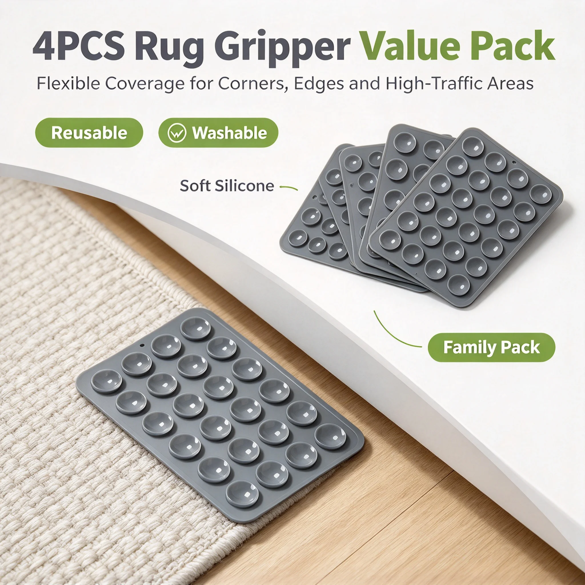 Heavy Duty Rug Grippers Carpet Anti-Slip Pads Reusable Easy Install Stop Slipping Curling Shifting for Hardwood Tile Floor Home