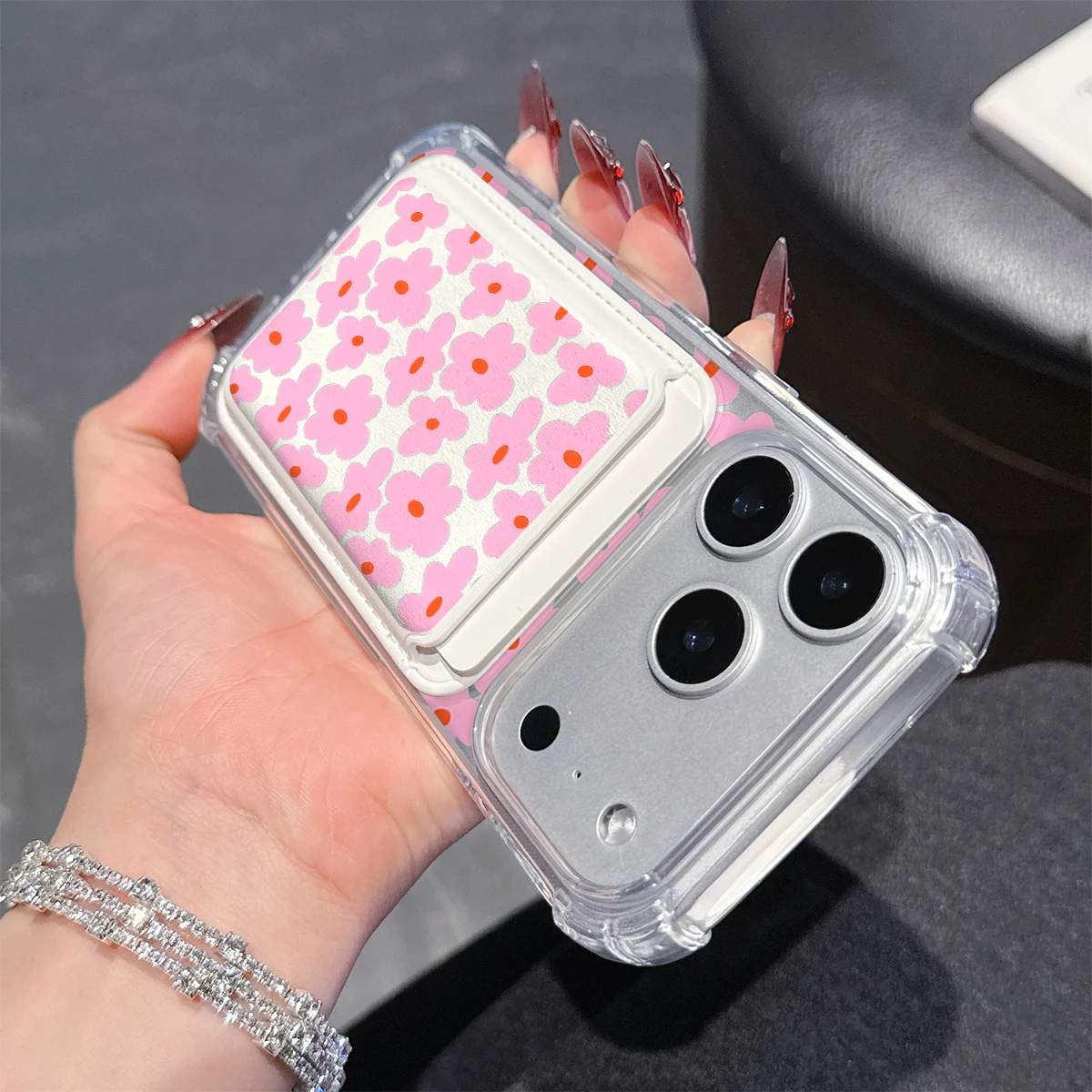 Pink Petal Pop Phone Case For iPhone 17 16 15 14 13 Pro Max Plus Wallet Pocket Transparent Soft TPU for Magnetic Phone Case view 3
