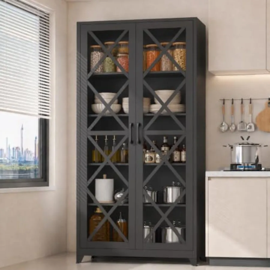 71 H Glass Display Cabinet for farmhouse use, metal construction, black finish, adjustable shelves and vintage-style hardware view 4