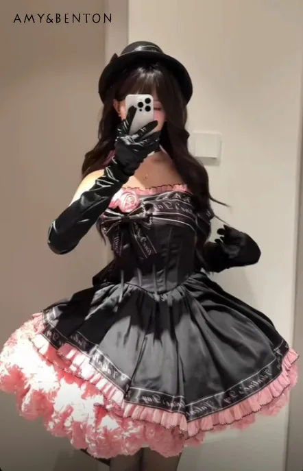 

2025 Summer New Style Strap Slim Lolita Dress for Women Black Pink Short Adult Ceremony Host Party Art Exam Princess Dress