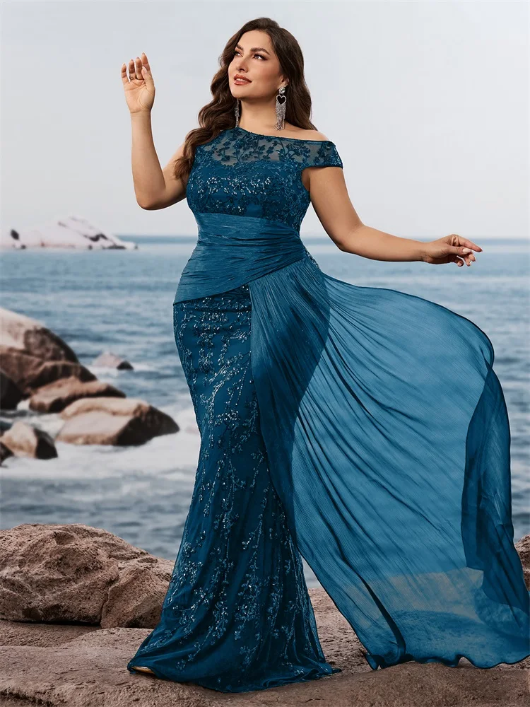 بالإضافة إلى حجم أنيقة بلا أكمام الترتر المرقعة الشريط فساتين السهرة الرسمية الفاخرة الأزرق حورية البحر حزب فساتين كوكتيل