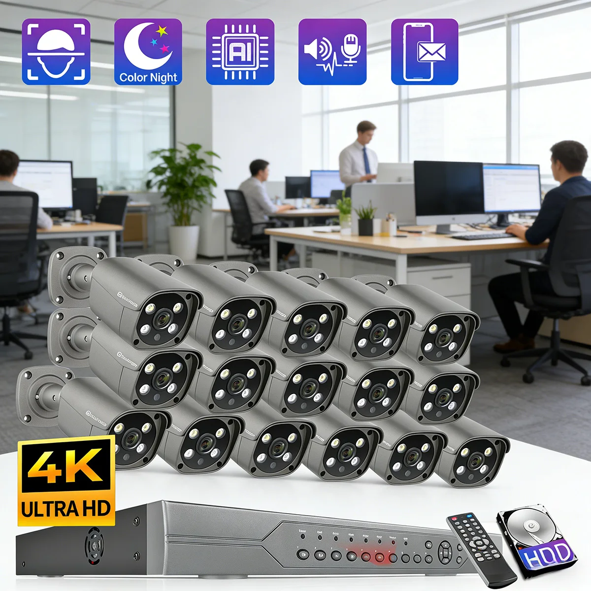 

Комплект видеонаблюдения Techage HD 16-канальный PoE 4K 5MP 8MP с двусторонней аудиосвязью, распознаванием лиц, ночным цветным изображением, интеллектуальным ИИ, P2P, NVR и Xmeye