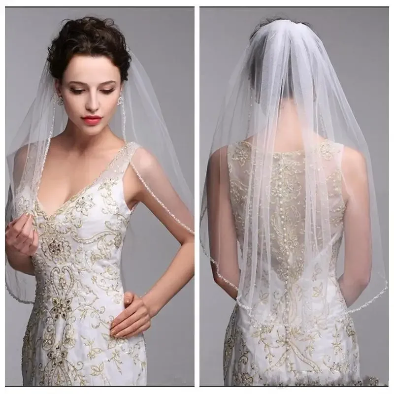 One Layer Bridal Veils With Comb Elbow Length Tulle Beaded Edge Short Wedding veil