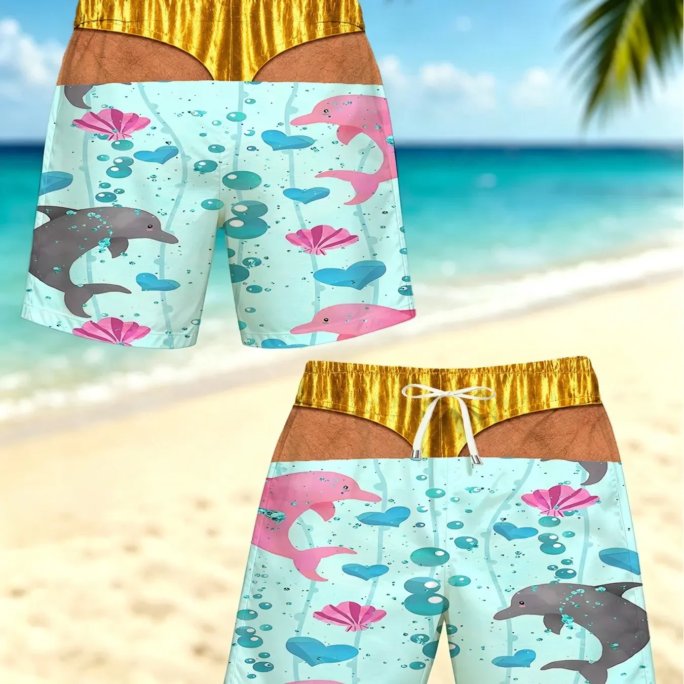 Men Funny Illusion Swim Trunks Cartoon Dolphin Seashell Fake Underwear Print Novelty Beach Party Board Shorts