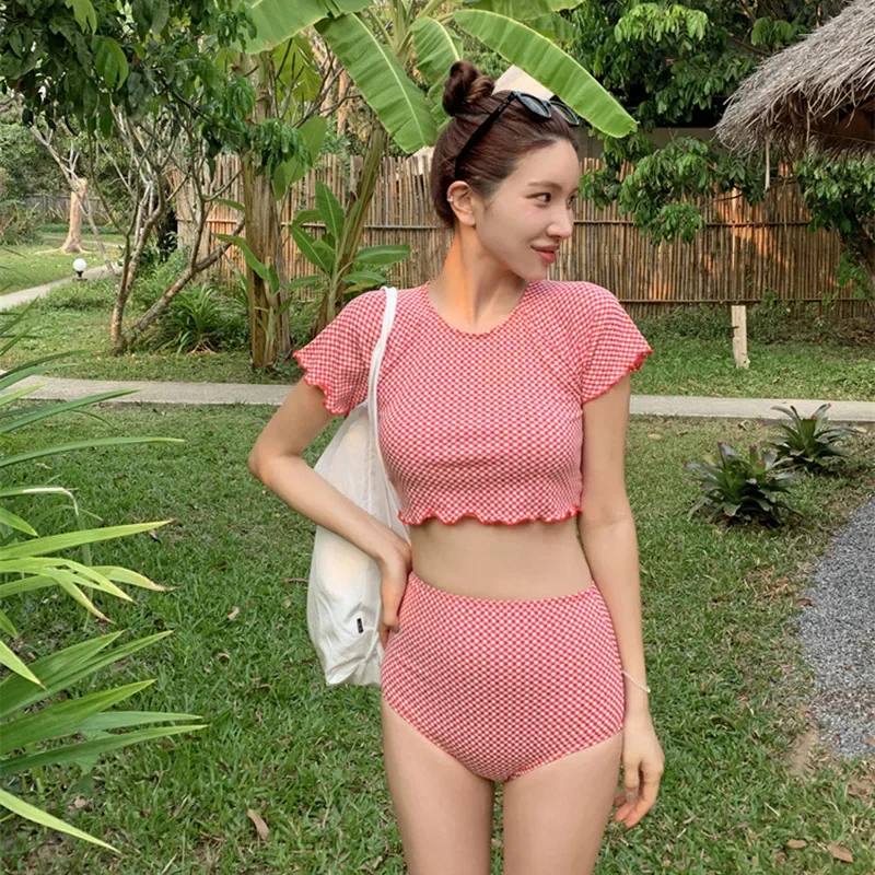

New Plaid High Waist Bikinis Two Piece Swimsuit Women Swimwear Short Sleeve Beach Wear Bathing Suits Korean Bikini Set Pool 2024