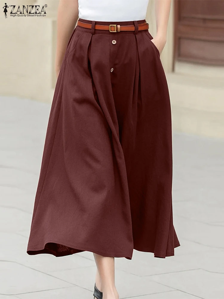 

ZANZEA Vintage A-line Ruffles Overskirt Women Midi Skirts 2024 Elegant Solid Color Button Jupes Fashion Elastic High Waist Falda