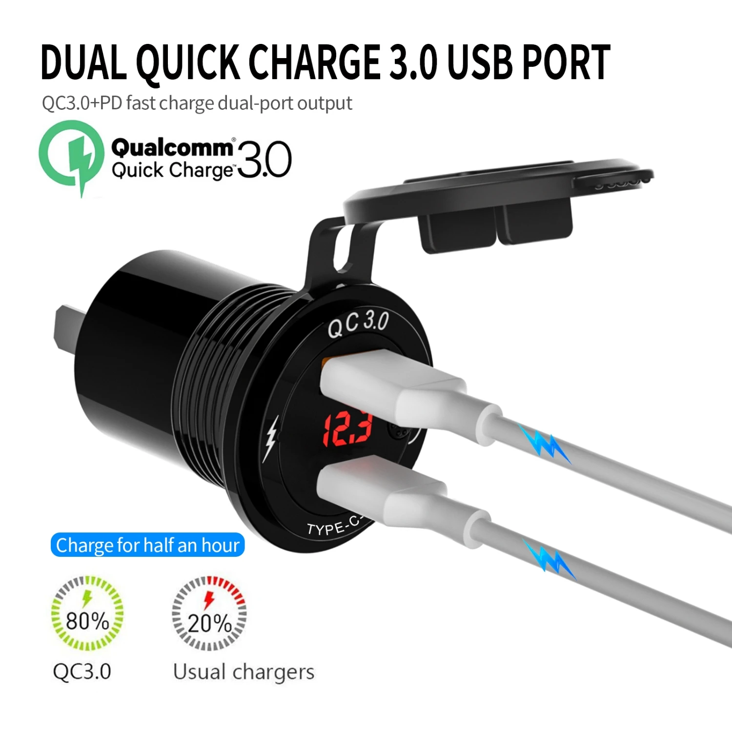 12V คู่ชาร์จเร็ว USB QC3.0เดียวและ Type C ที่ชาร์จกับสวิตช์เครื่องกลโวลต์มิเตอร์สำหรับรถยนต์รถจักรยานยนต์ ATV อิเล็กทรอนิกส์