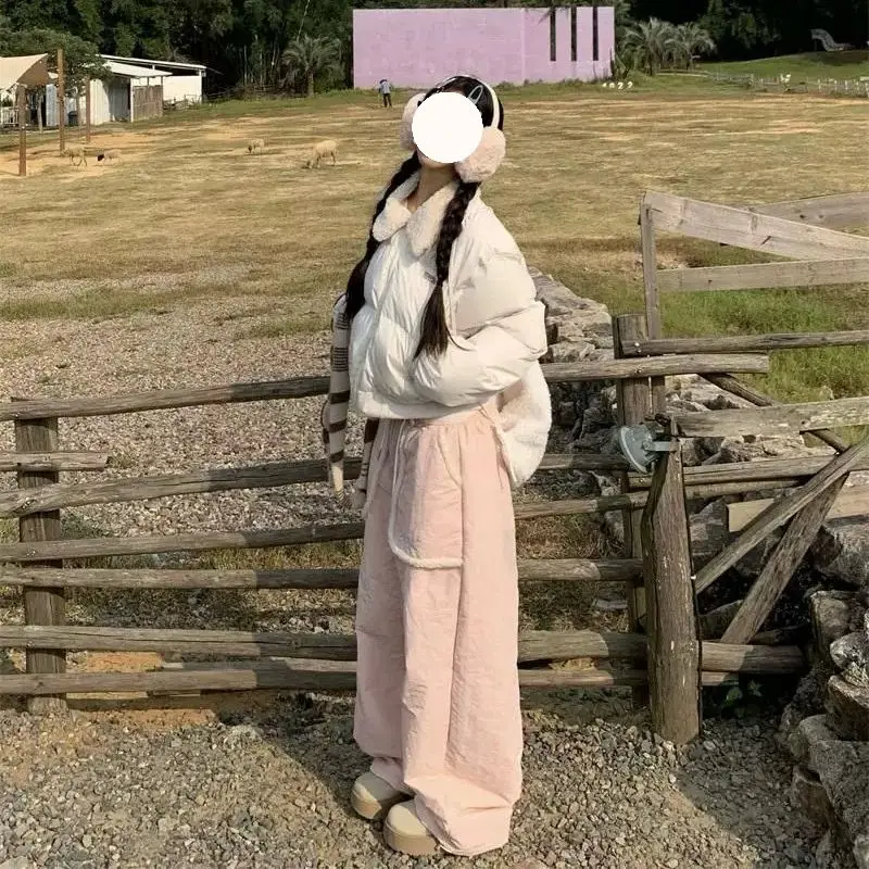 

Thicken Y2k Pink Snow Pants Autumn Winte Cute Casual Sweet Korean Chic Loose Versatile Wide Leg Cotton Pants Trendy 2024 New