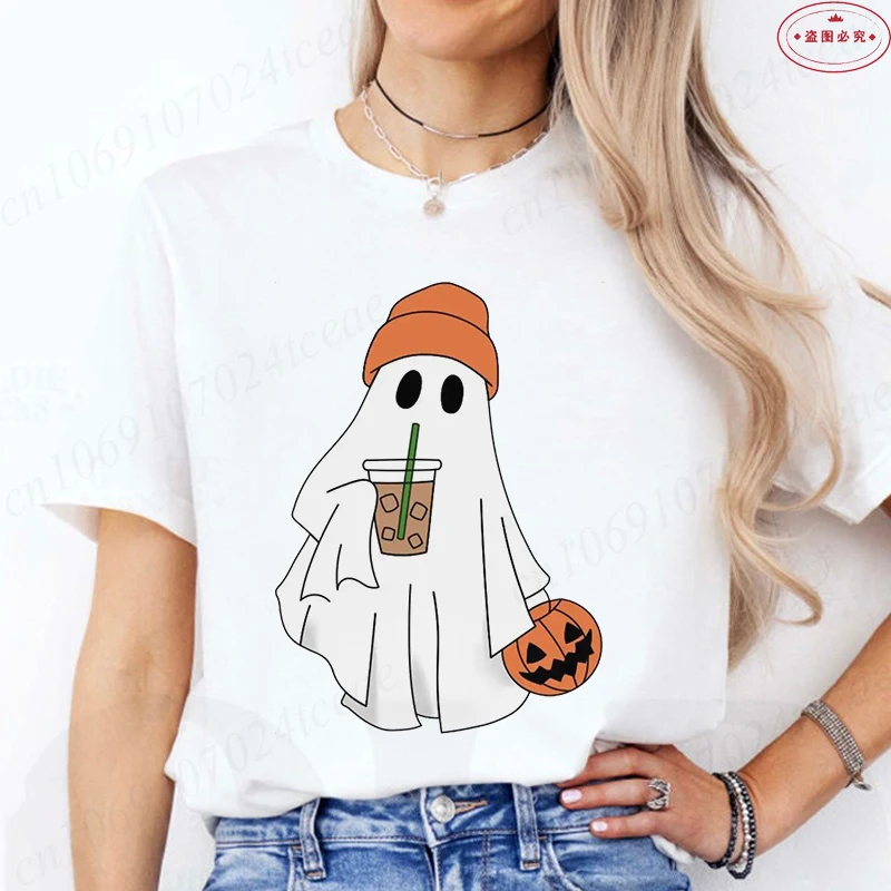 Little Boo Drinking Coffee Women T-Shirts Fashion Halloween Party Spooky Season Shirt Harajuku Graphic Tops Casual Streetwear
