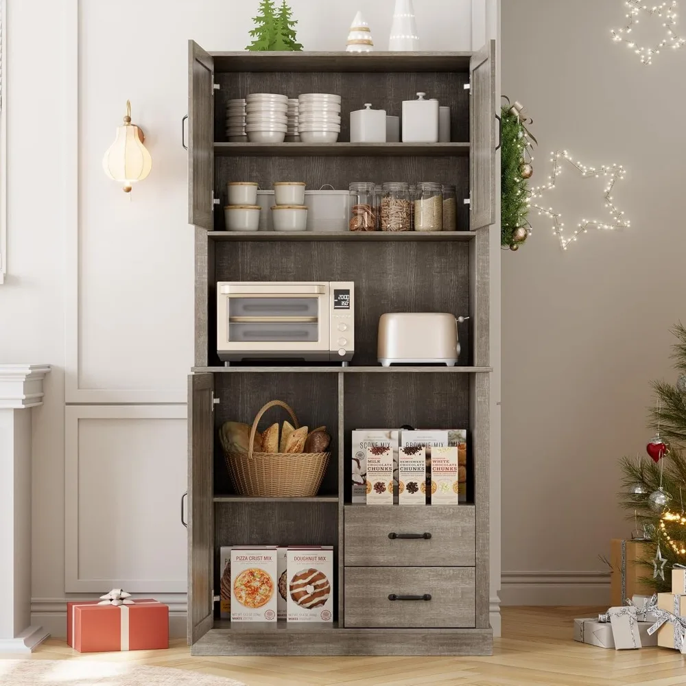 Modern Kitchen Pantry Cabinet with Microwave Stand with Drawers & Adjustable Shelves, for Dining Room,Grey image 5