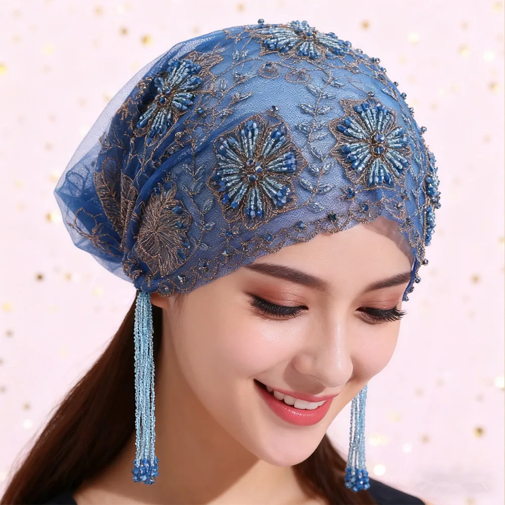 

Роскошный тюрбан с кисточками и бисером, мусульманские женские кружевные шапочки с вышивкой, капот, платок от выпадения волос, повязка на голову, головной убор для свадебной вечеринки, шляпа