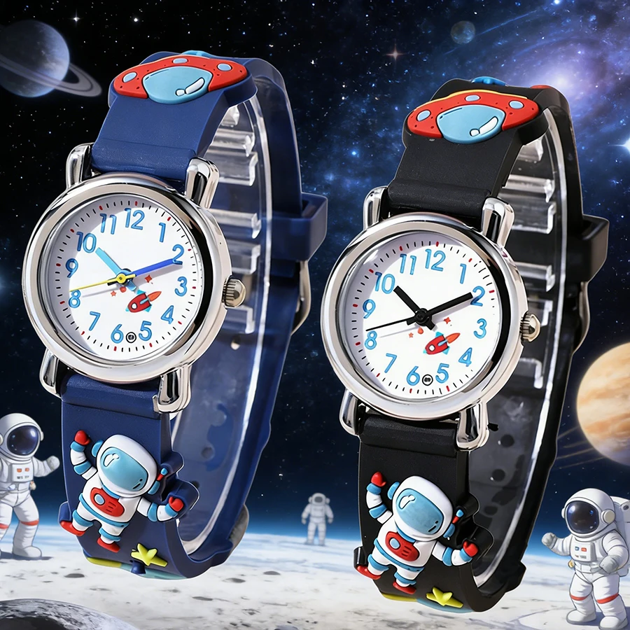 

2 шт./компл., детские часы с рисунком астронавта, 3D-ремешок с изображением космонавта, подарочные часы для мальчиков и девочек, студенческие часы
