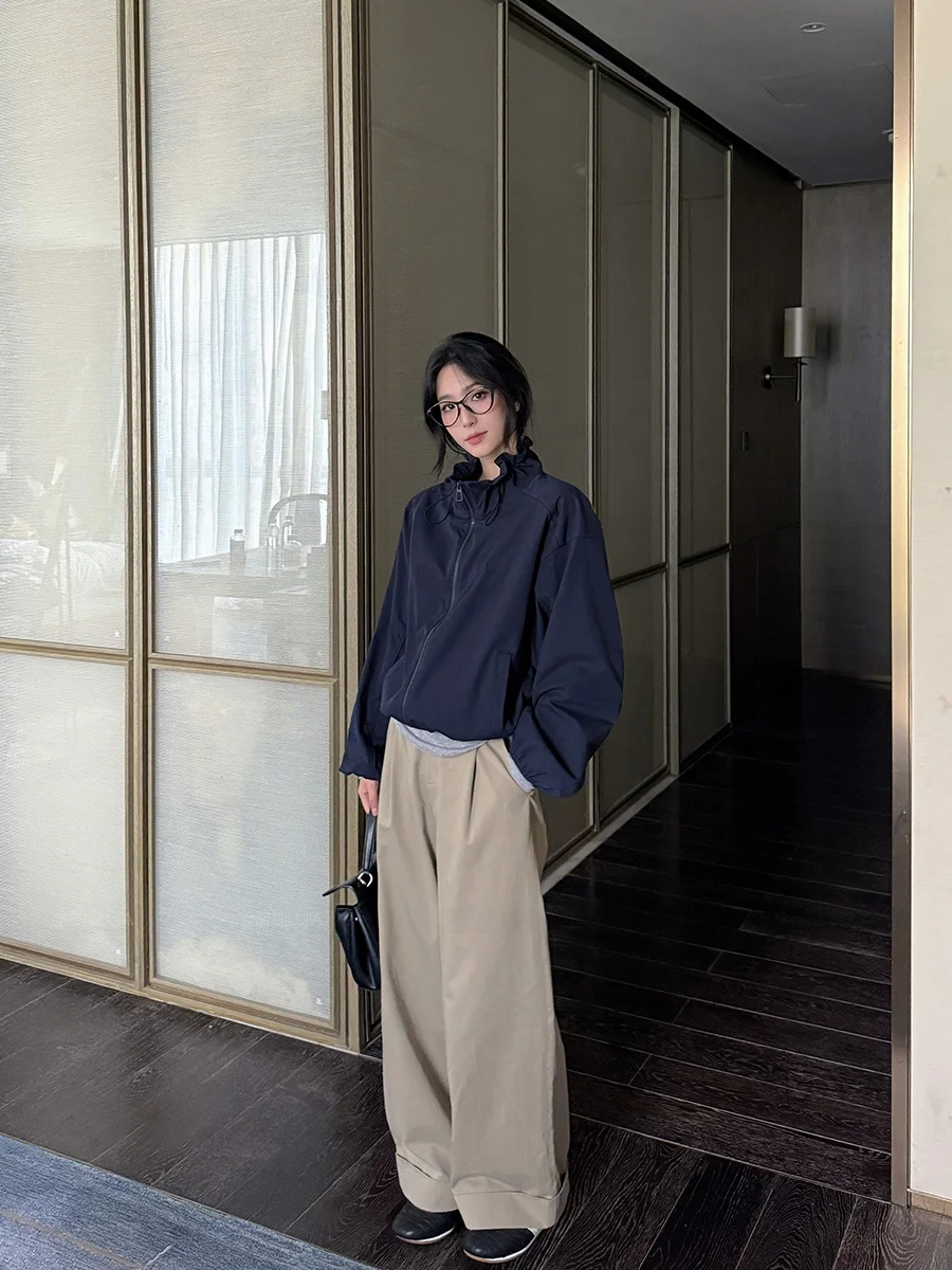 

Повседневная свободная женская куртка королевского синего цвета с цветочным воротником и молнией, из смесового хлопка, универсальная, удобная, для весны и осени