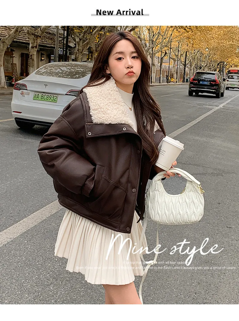 2026 Winter New Thick PU Leather Coat Women Cropped Fluffy Lapel Collar Padded Jacket Female Zip-up Streetwear Cool PU Parkas