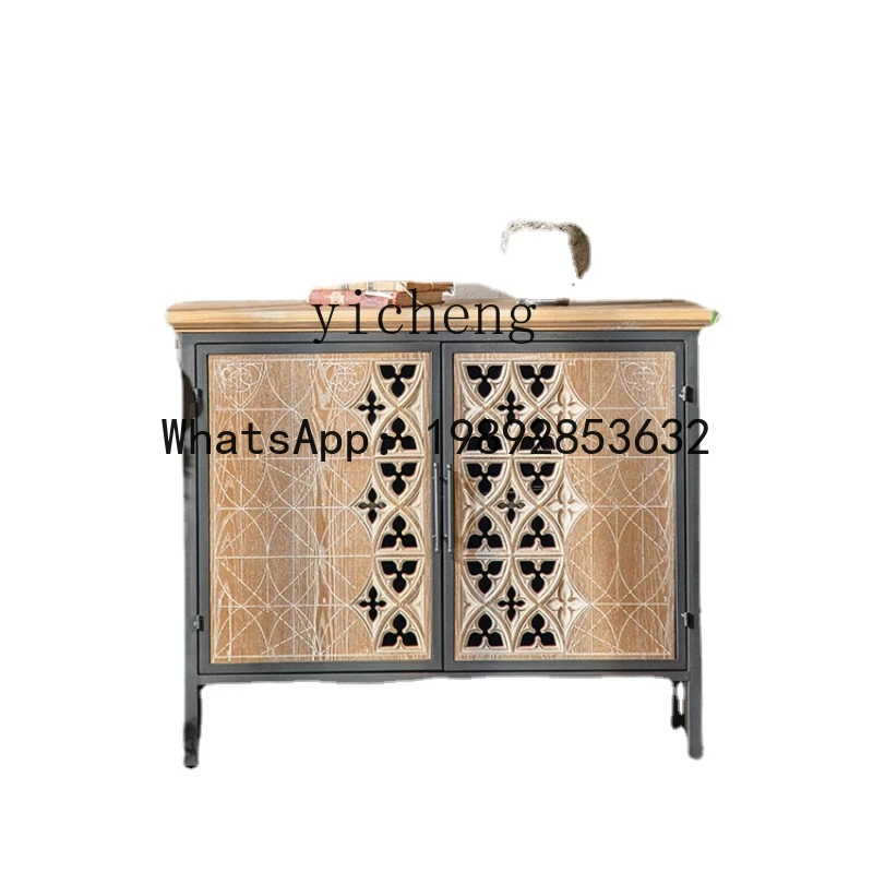 BB Vintage Home Wrought Iron Curio Cabinet Living Room Home Carved Solid Wood Sideboard