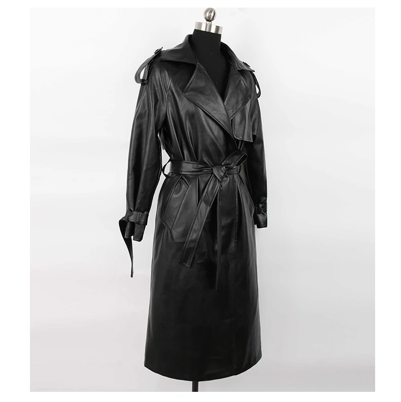 Mauroicardi Spring Autumn Black Long Soft Pu Leather Trench Coat for Women Sashes Loose Casual White Waterproof Overcoat 2025