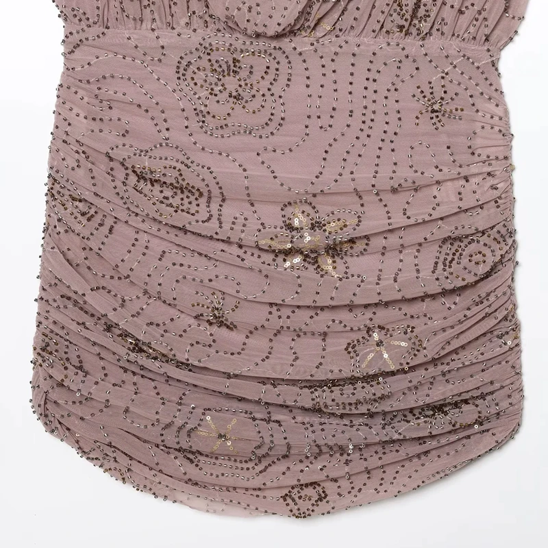 HXAO Abiti corti con perline 2025 Abiti da festa estivi senza maniche da donna Mini abito sottoveste in tulle plissettato Abito da ballo sexy aderente