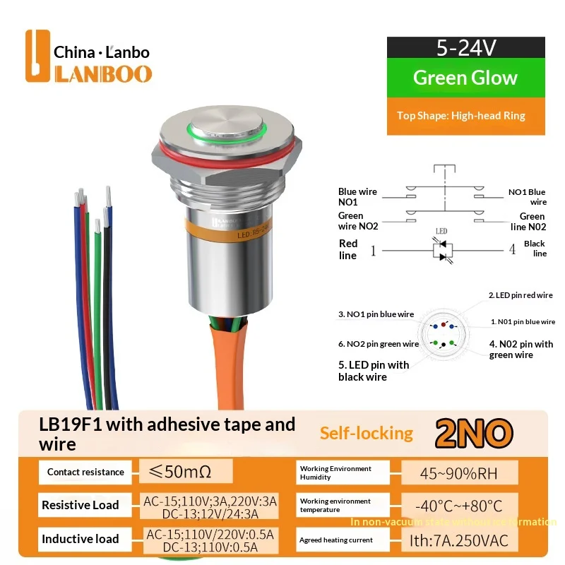 LANBOO F1 serie 19mm miniatuur waterdichte epoxy-geïsoleerde IP67 verlichte drukknop, vergelijkbaar met Bole-stijl