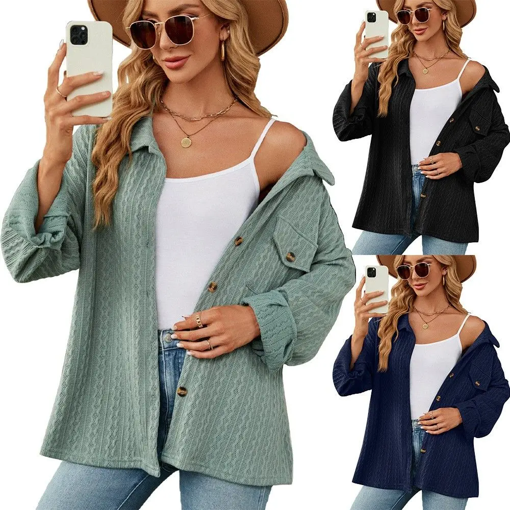 

Loose Long Sve Pure Color Button ket Collar Women's Outerwear 2023 Autumn Winter New Sle Polyester Fiber Knitted Sweater