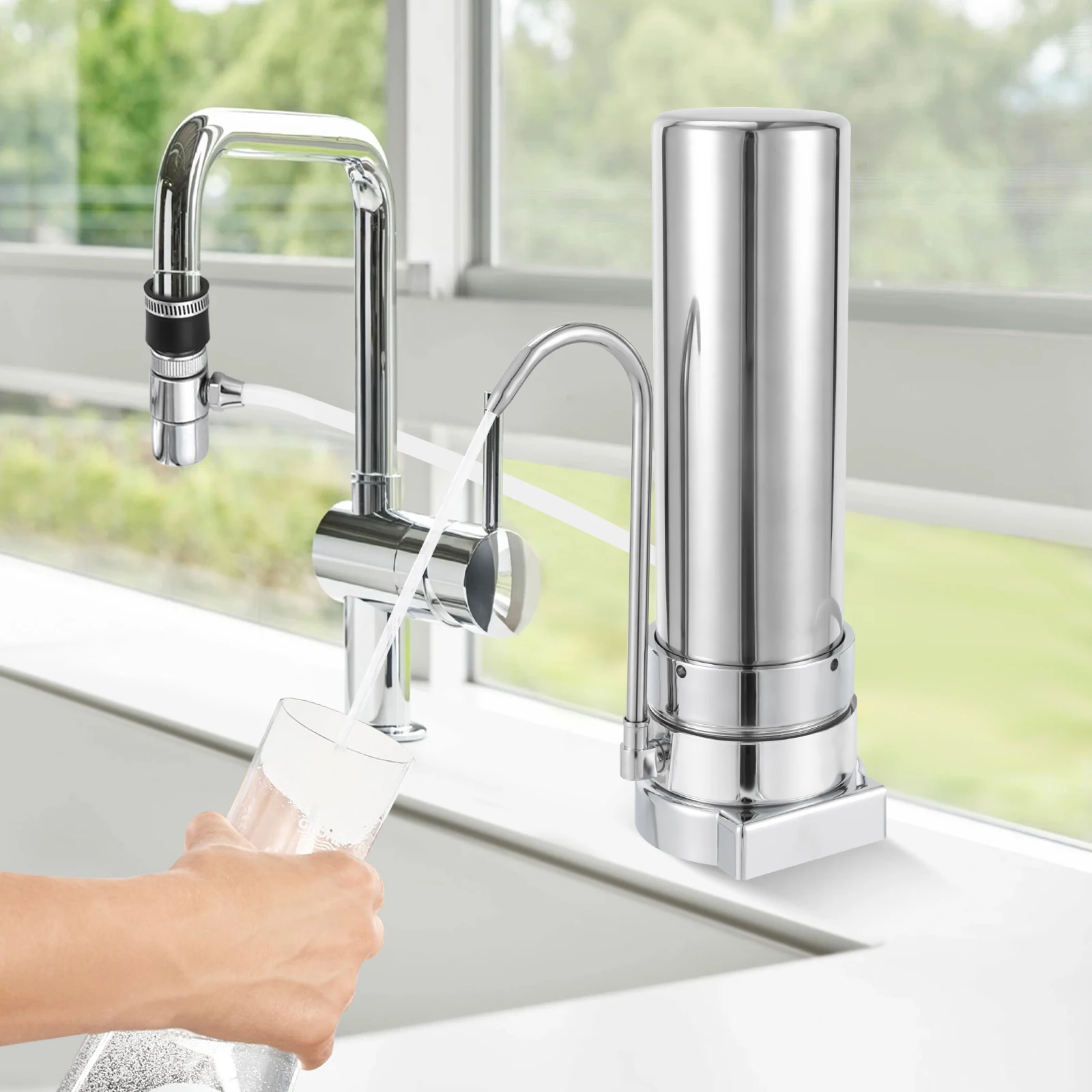 

304 Stainless Steel Countertop Filter, 5 Micron Precision Removes Impurities, Replaceable Cartridge Design, for Home/Office