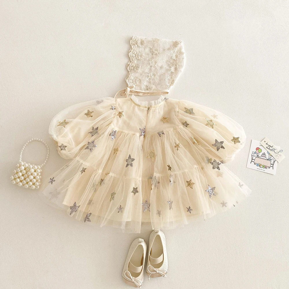 0-5 Jahre Koreanisches Mädchenkleid, Modisches Pailletten-Sternen-Mesh-Kleid mit Laternenärmeln für Kinder, Prinzessinnenkleid 2026, Herbst-Kinderkleidung – Detail 7