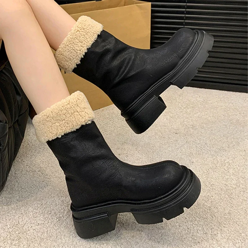 Women Snow Ankle Boots Mid Heels Short Plush Leather Shoes 2025 Fur Elegant Winter Fashion Chunky Chelsea Woman Botas Mujer