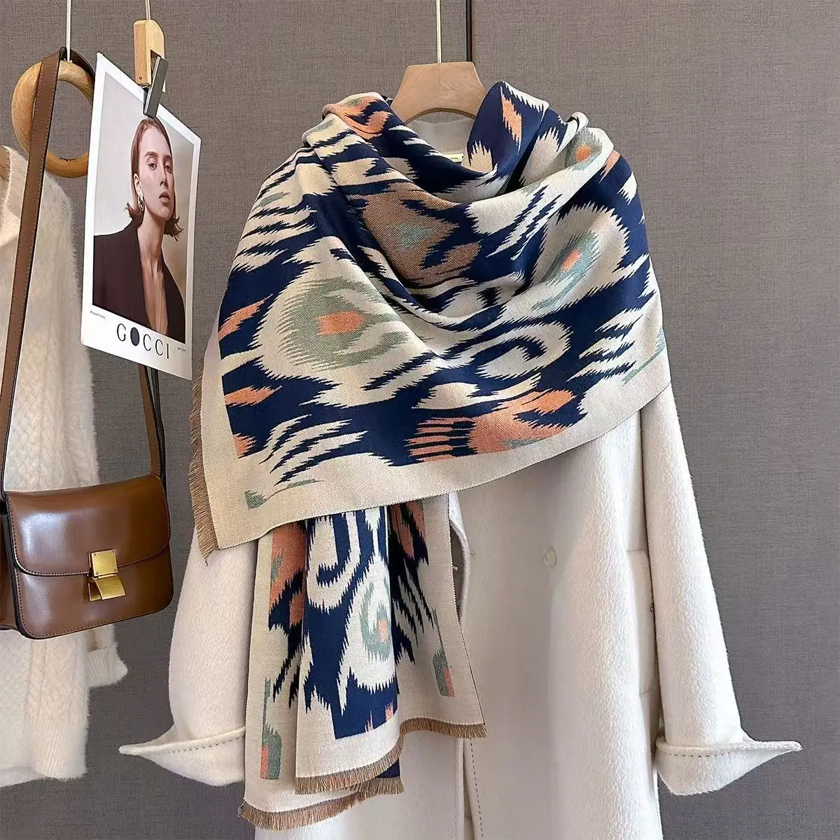 Women Ethnic Style Faux Cashmere Print Scarf Autumn Winter New Thickened Extra Long Warm Scarf Large Shawl For Office Daily