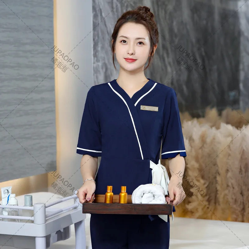 Elastic Beautician Work Suit for Women, Summer Temperament, Health Club, Foot Bath, SPA, Sauna, Technician Suit Set, New, 2022