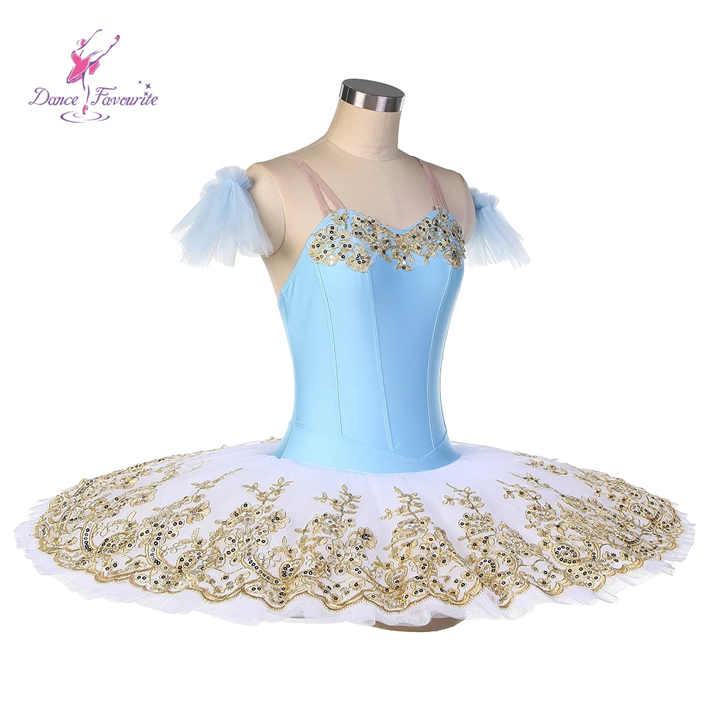 

Dance Favourite Ballet Tutus Blue Spandex Bodice White Tutu with Gold Applique BLL544 e Decorated Pre-professional Ballet Tutu