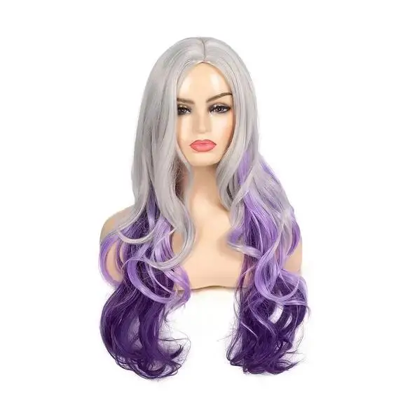 Synthetic Hair Long Curly Wavy Silver Grey to Purple Wig Side Part Cosplay Wigs for Women Halloween Wig