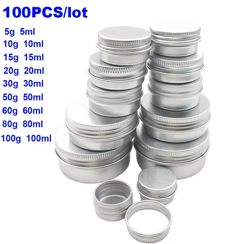 

100PCS Aluminum Tin Jars 5g 10g 15g 20g 30g 50g 60g 100g Metal Empty Cosmetic Face Care Eye Cream Lip Balm Gloss Packaging