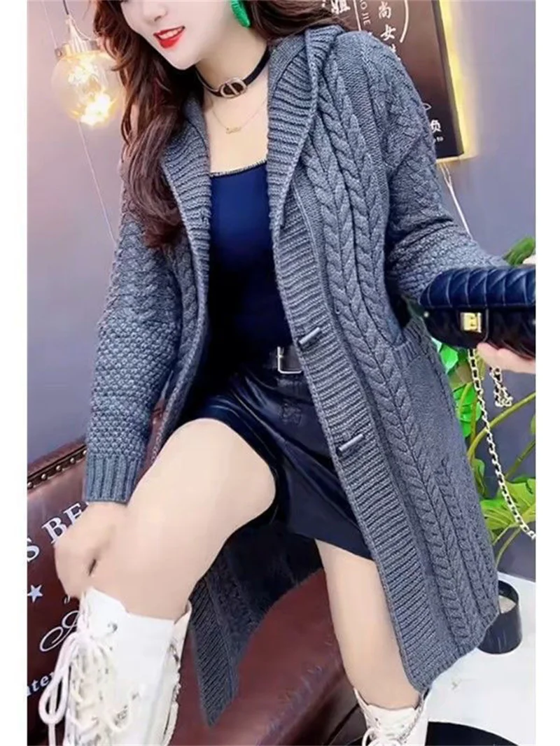 2024 New Korean Hooded Wool Knitted Cardigan Coat Women Autumn Winter Long Jacket Heavy Jacquard Outwear Sweater Tops Female