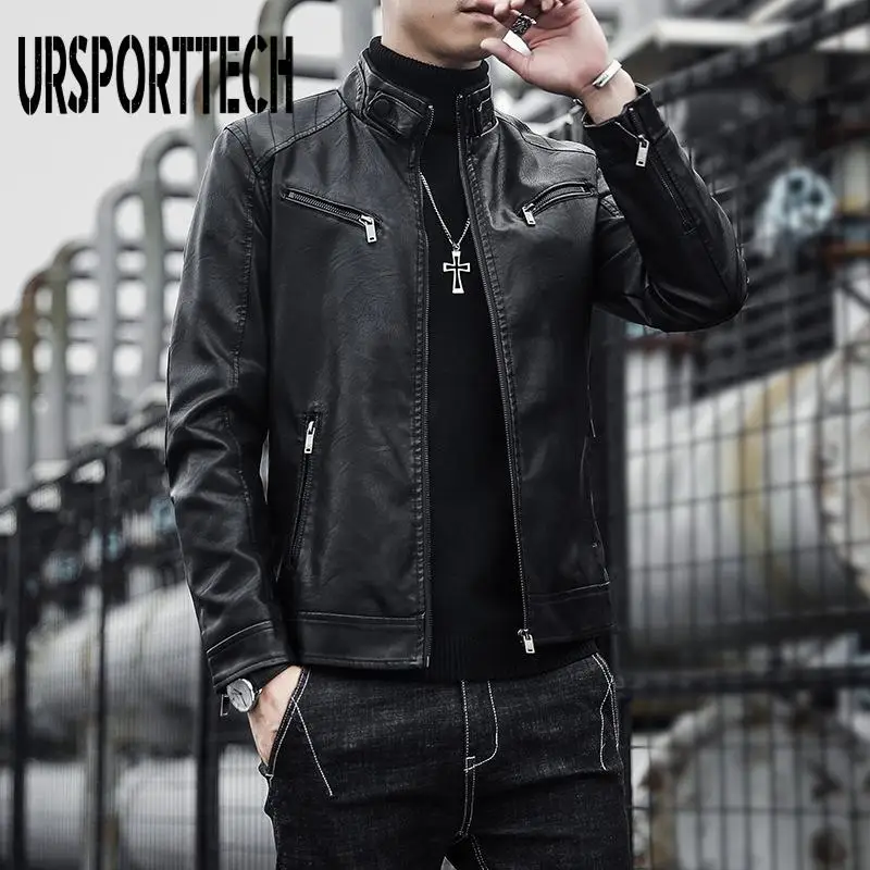 

New Zipper Stand Windproof Leather Coat Mens Motorcycle Leather Jacket Slim Fit Short-Coat Lapel Pu Jackets Autumn Mens Clothing