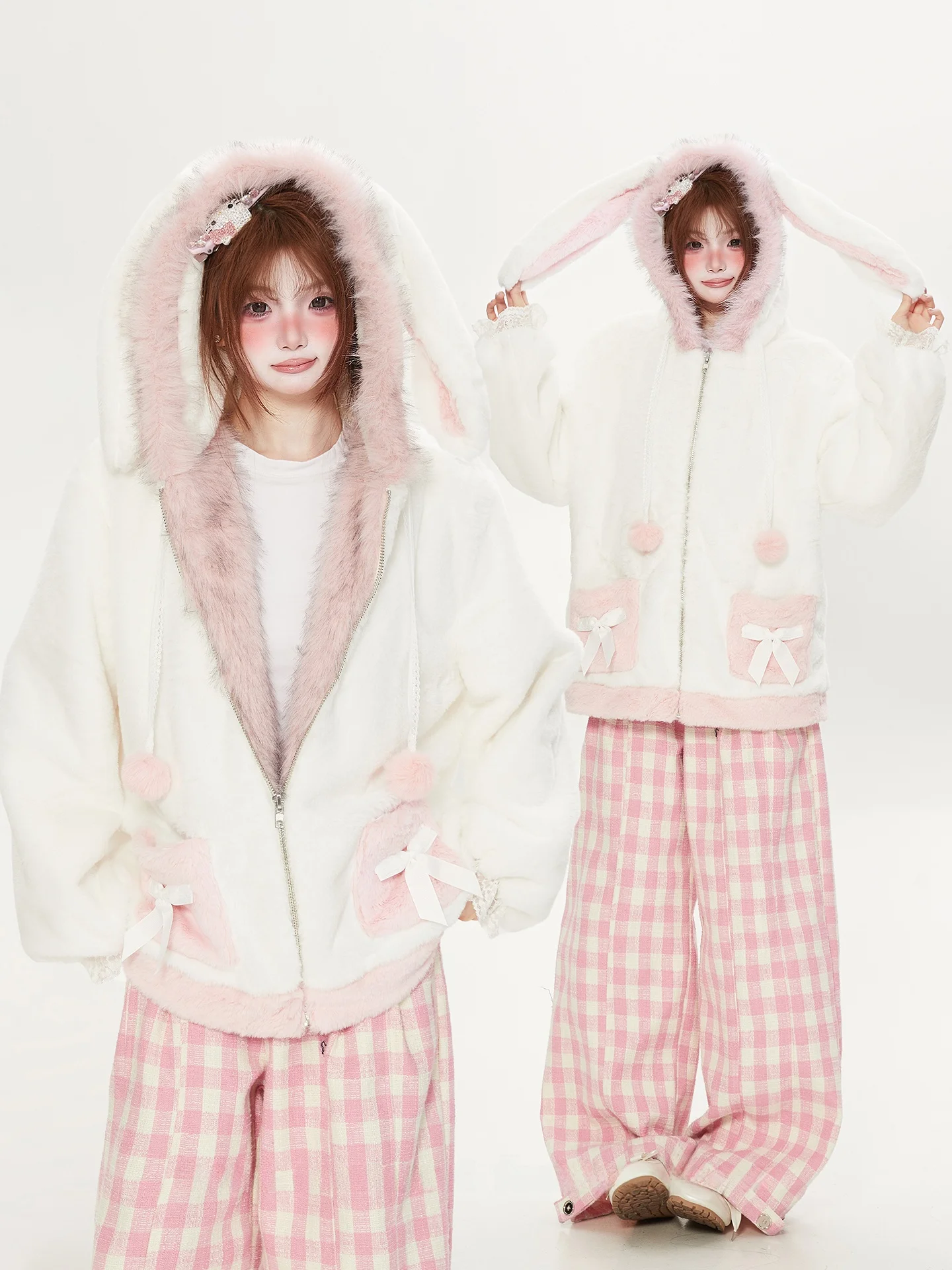 

Cute Rabbit Ear Hooded Lamb Velvet Jaet Women's Winter Cotton Coat Fluffy Lamb Fur Cotton Padded Sweet Loose Sle