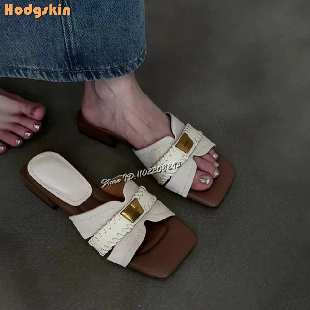 

Woven Square Toe Slippers Patchwork Shallow Low Heel Roman Mules 2025 Summer Women Outdoor Holiday Sandals Shoes French Style